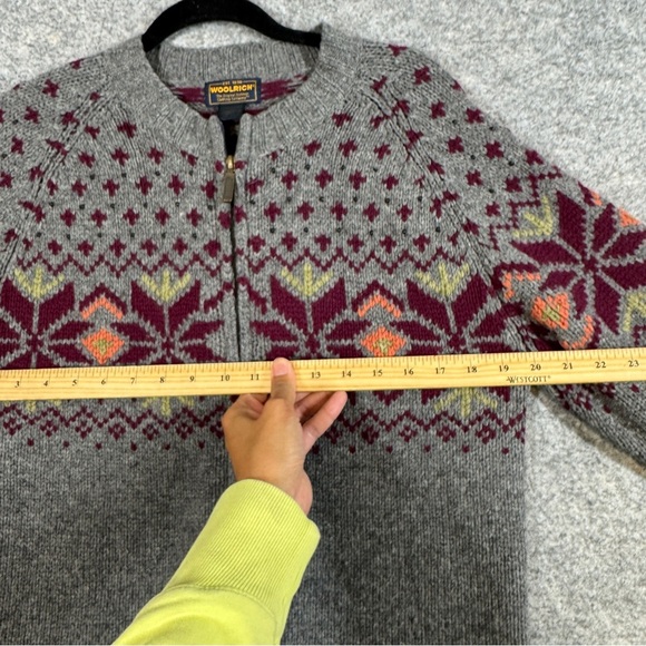 Vintage Woolrich Grey Heather Lambswool Fair Isle Zip Cardigan Sweater  S/P - Picture 9 of 14
